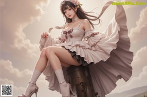 a woman in a pink dress sitting on a bed