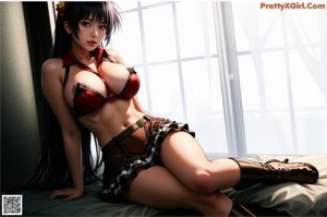 A naked anime girl sitting on a couch in front of a blackboard.