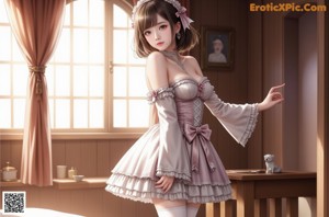 A woman in a dress with long hair standing in a room.
