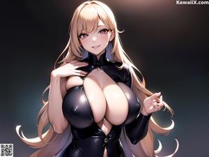 A naked anime girl with long black hair sitting on a bed.