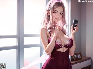 Anime girl with big tits posing on a bed with an apple.