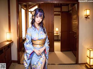 A woman in a kimono sitting on a wooden bench.