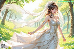 A woman in a wedding dress standing in the woods.