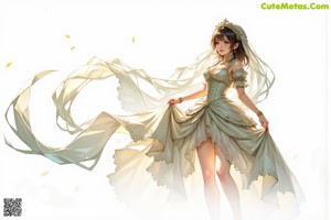 A woman in a wedding dress with a tia in the woods.