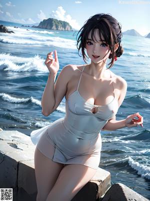 A woman in a white dress standing in the water.