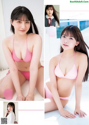 A group of four pictures of a woman in a bikini.