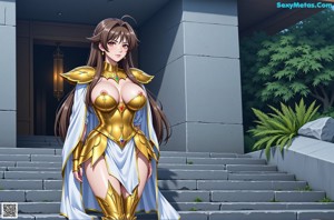 A woman in a gold outfit is posing for a picture.