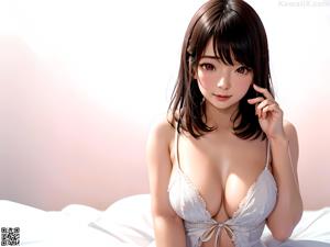 A naked woman sitting on a bed in a bedroom.