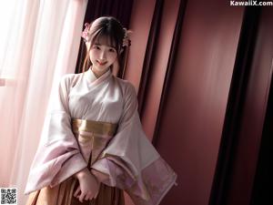 A woman in a kimono sitting on a bed.