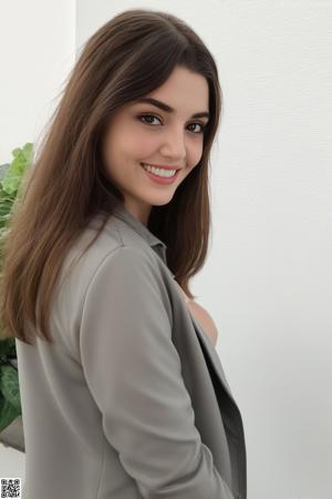 A woman in a blue top and gray tights posing for a picture.