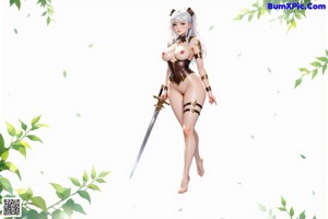 A woman with long white hair, wearing a revealing outfit and holding a sword.