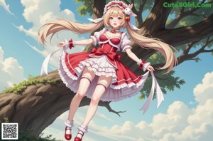 A woman in a red and white dress sitting on a table.