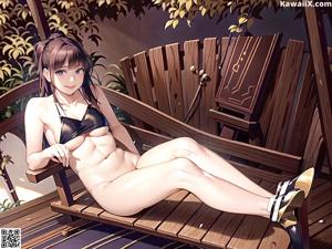 A woman in a black bikini sitting in a chair.