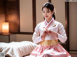 A woman in a white and blue hanbok is posing for a picture.