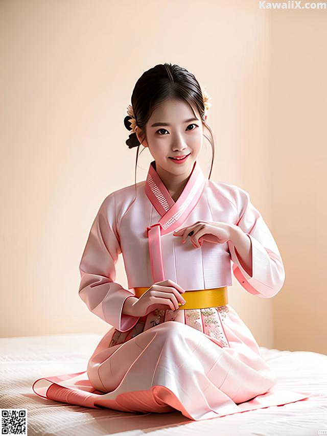 A woman in a pink hanbok sitting on a bed.