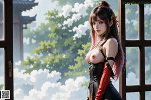 A woman in a fantasy outfit stands by an open door, holding a staff.