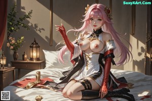 A woman with long pink hair in a forest setting, wearing a revealing outfit.