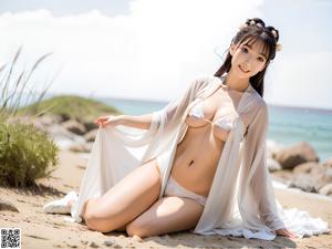 A woman in a pink robe is posing for the camera.