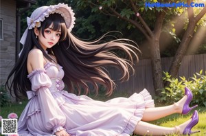 A woman in a pink dress and hat standing in front of a window.