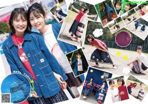A collage of photos of a girl in a school uniform holding a magnifying glass.