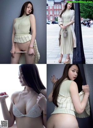 A naked asian woman sitting on a black couch.