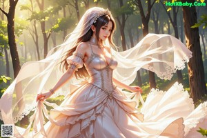 A woman in a wedding dress standing in the woods.