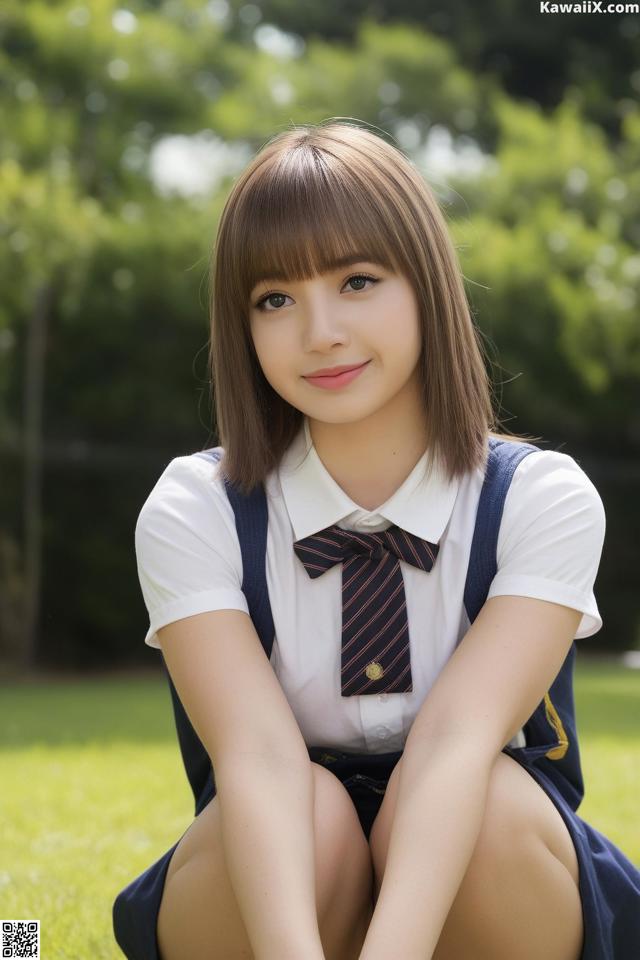 A young woman in a school uniform sitting on the grass.