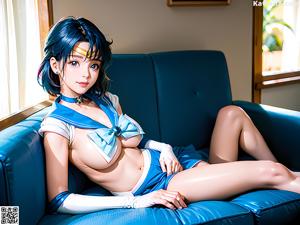 A woman in a sailor outfit sitting on a bed.