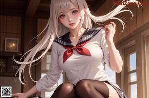 A girl in a school uniform is flying through the air.