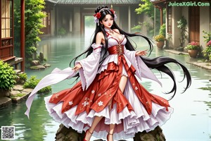 A woman in a red and white dress is dancing in a garden.