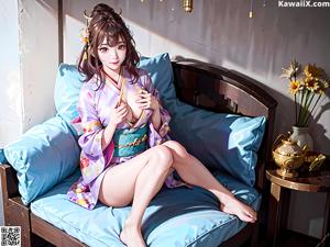 A woman in a kimono sitting on a stone bench.