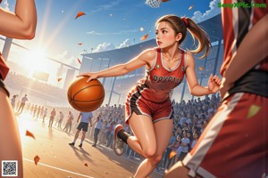 A girl in a yellow and black uniform holding a basketball.