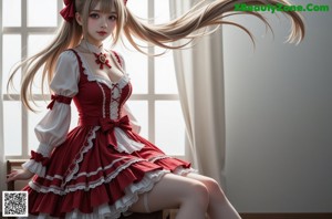 a woman in a red and white dress posing for a picture