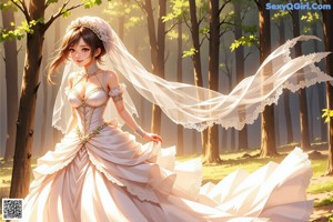 A woman in a wedding dress standing in the woods.