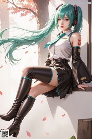 A woman with long green hair wearing a school uniform.