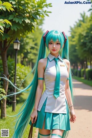 A woman with long blue hair wearing a school uniform.