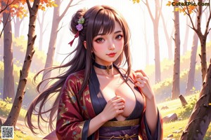 A woman in a kimono standing in the woods.