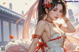 A woman in a red and white dress holding a flower.