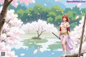 A woman in a red kimono stands on a dome, holding a sword, with cherry blossoms and greenery in the background.
