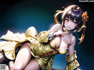 A naked woman sitting on top of a bed.