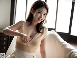 A woman in a white shirt and skirt posing for a picture.