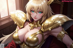 A woman in a gold outfit with a crown on her head.