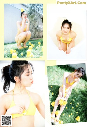 A woman laying on a bed holding a yellow toy.