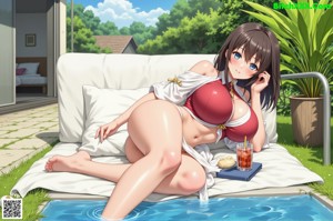 A naked girl sitting on a bed next to a window.
