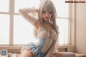 a woman in a blue and white dress and stockings posing for a picture