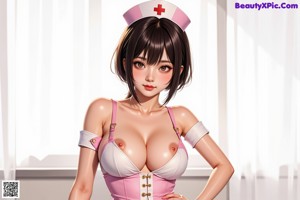 A woman in a pink dress and white coat sitting on a bed.
