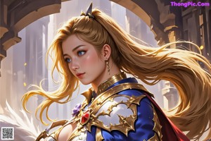 A woman with long blonde hair wearing a gold armor.
