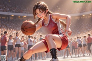 A woman in a red and blue uniform holding a basketball.