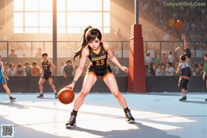 A woman holding a basketball in front of a basketball court.