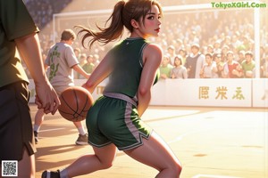 A girl in a basketball uniform holding a basketball.